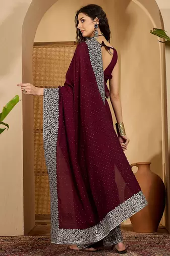 wine silk blend chiffon embroidered saree with unstitched blouse