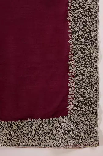 wine silk blend chiffon embroidered saree with unstitched blouse