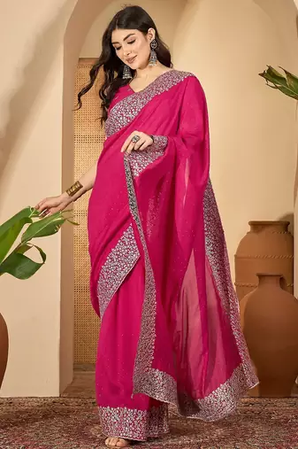 rani silk blend chiffon embroidered saree with unstitched blouse