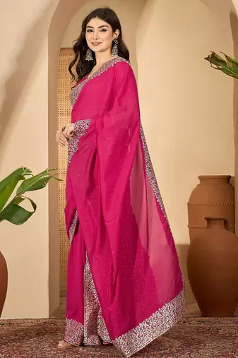 rani silk blend chiffon embroidered saree with unstitched blouse