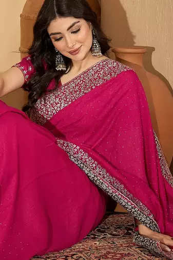 rani silk blend chiffon embroidered saree with unstitched blouse