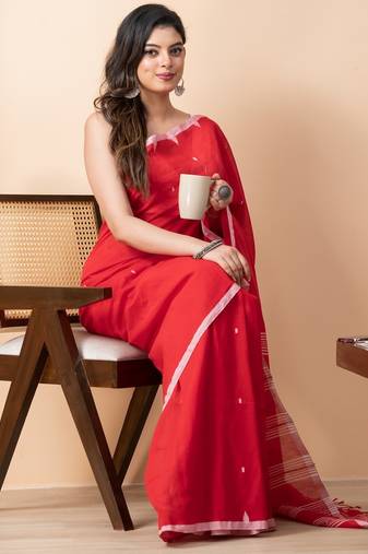 Red handloom mark dhanikhali mul cotton jamdani saree