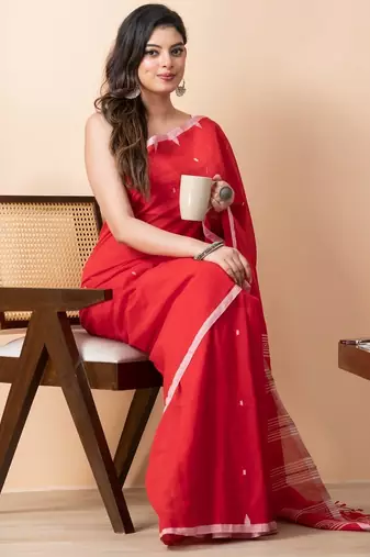 Red handloom mark dhanikhali mul cotton jamdani saree