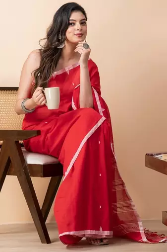 Red handloom mark dhanikhali mul cotton jamdani saree