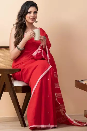 Red handloom mark dhanikhali mul cotton jamdani saree
