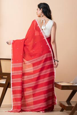 Red handloom mark dhanikhali mul cotton jamdani saree 4