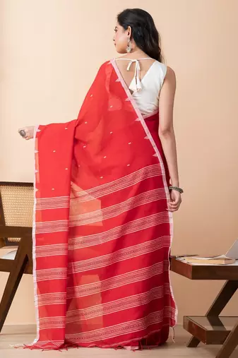 Red handloom mark dhanikhali mul cotton jamdani saree