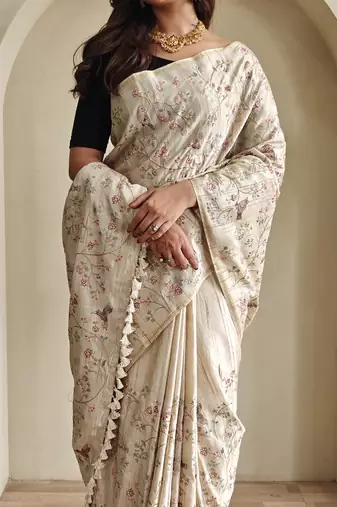 Beige Tussar silk blend Embroidered Saree