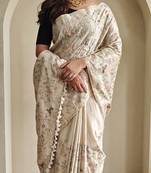Beige Tussar silk blend Embroidered Saree