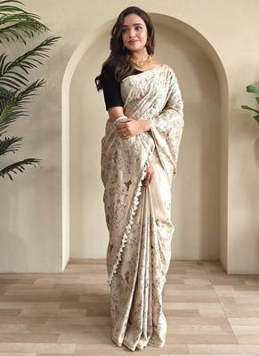 Beige Tussar silk blend Embroidered Saree 2