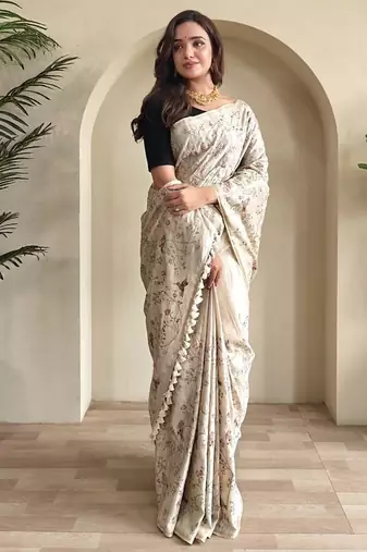 Beige Tussar silk blend Embroidered Saree