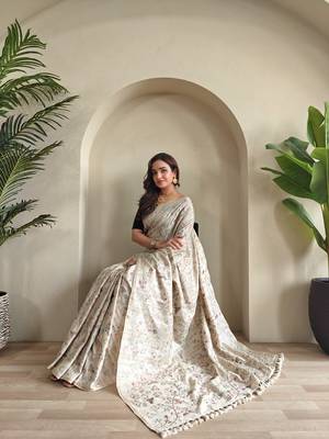 Beige Tussar silk blend Embroidered Saree 3