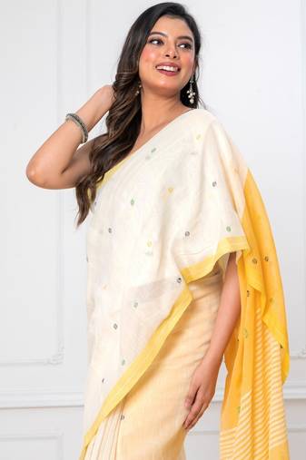 White & yellow handloom mark mul cotton jamdani saree