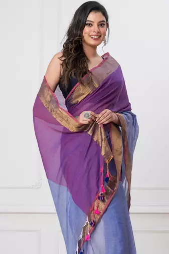 Indigo colorblocked mul cotton with zari stripes and tassels saree