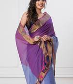 Indigo colorblocked mul cotton with zari stripes and tassels saree