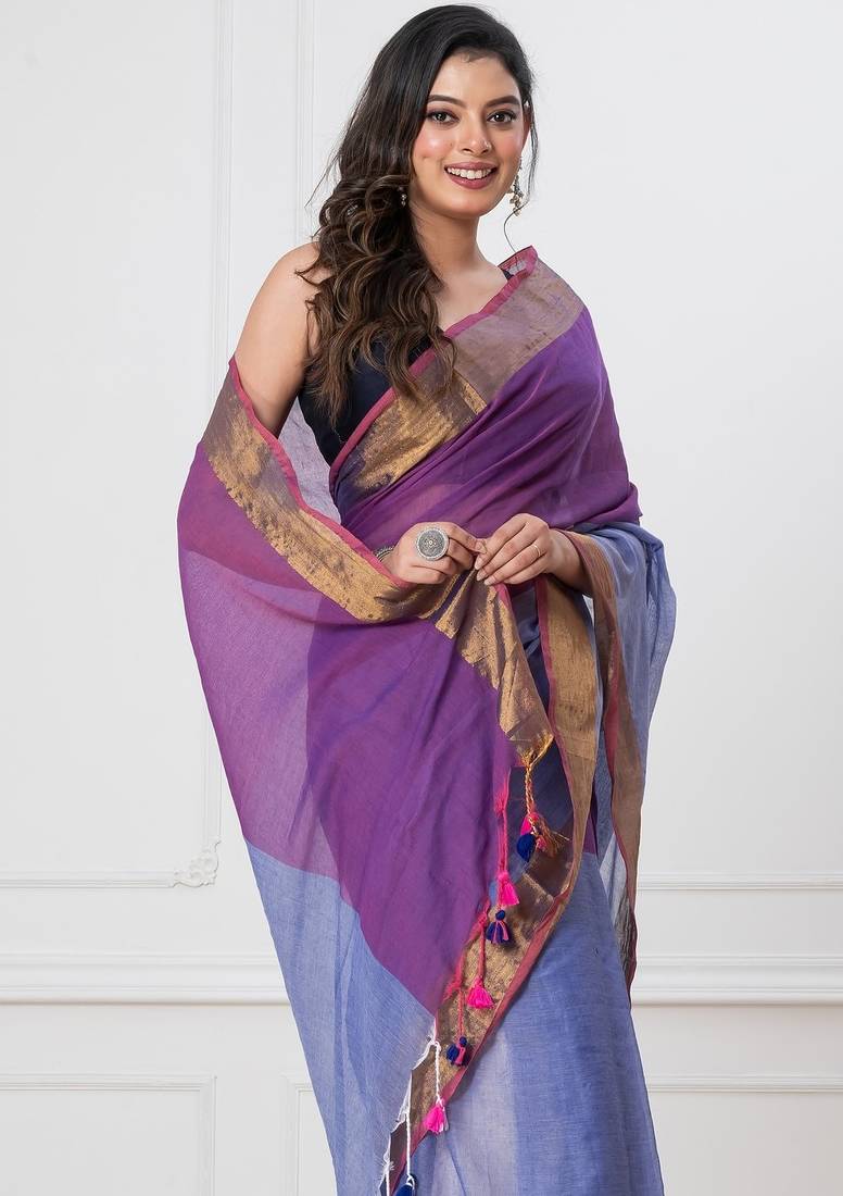 Indigo colorblocked mul cotton with zari stripes and tassels saree
