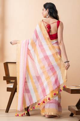 Orange colorblocked mul cotton broad stripes saree without blouse 2