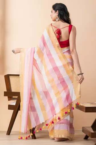 Orange colorblocked mul cotton broad stripes saree without blouse