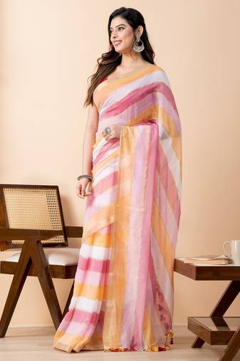 Orange colorblocked mul cotton with broad stripes, zari and tassels saree