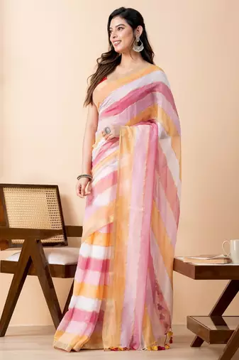 Orange colorblocked mul cotton with broad stripes, zari and tassels saree