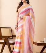 Orange colorblocked mul cotton broad stripes saree without blouse