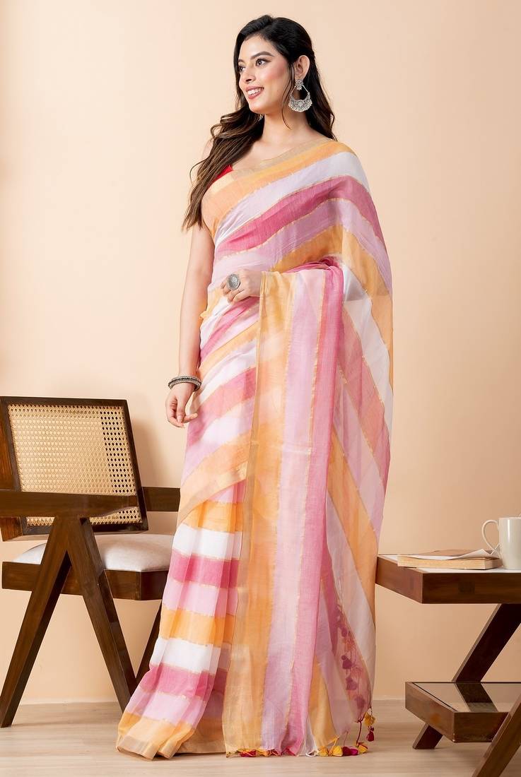 Orange colorblocked mul cotton with broad stripes, zari and tassels saree
