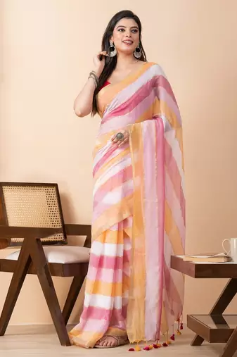 Orange colorblocked mul cotton broad stripes saree without blouse