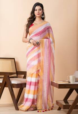 Orange colorblocked mul cotton broad stripes saree without blouse 4