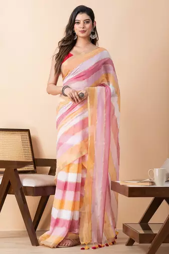 Orange colorblocked mul cotton broad stripes saree without blouse