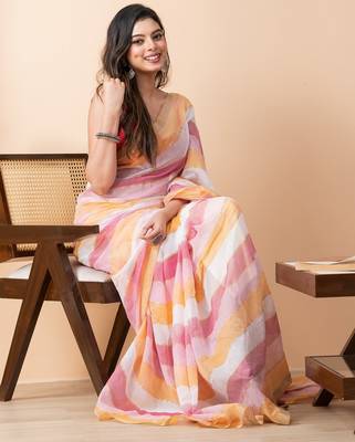 Orange colorblocked mul cotton broad stripes saree without blouse 5