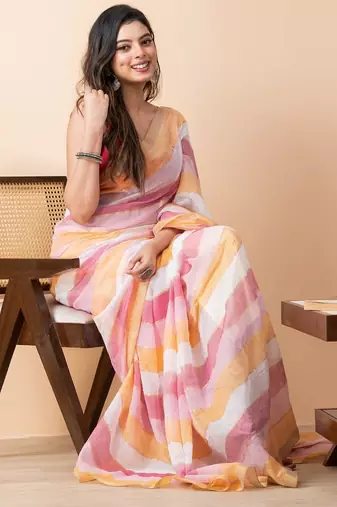 Orange colorblocked mul cotton broad stripes saree without blouse