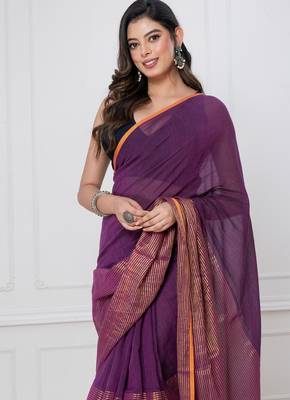 Purple solid mul cotton with zari stripes and tassels saree 1