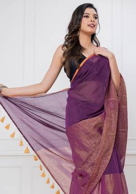 Purple solid mul cotton with zari stripes and tassels saree 2