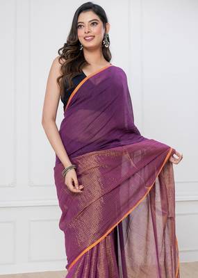 Purple solid mul cotton with zari stripes and tassels saree 3