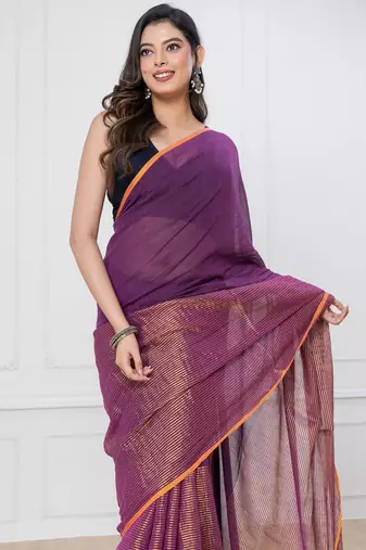 Purple solid mul cotton with zari stripes and tassels saree