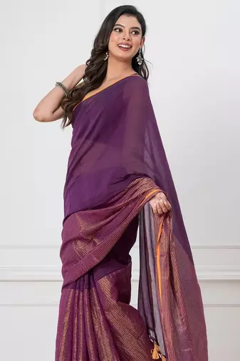 Purple solid mul cotton with zari stripes and tassels saree
