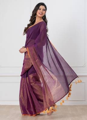 Purple solid mul cotton with zari stripes and tassels saree 5