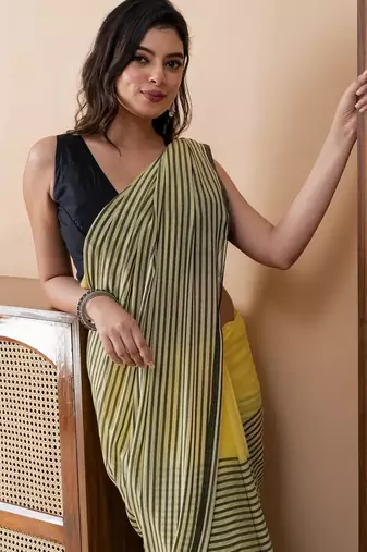 Yellow mul cotton stripes tassels saree without blouse