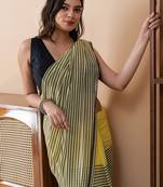 Yellow mul cotton stripes tassels saree without blouse