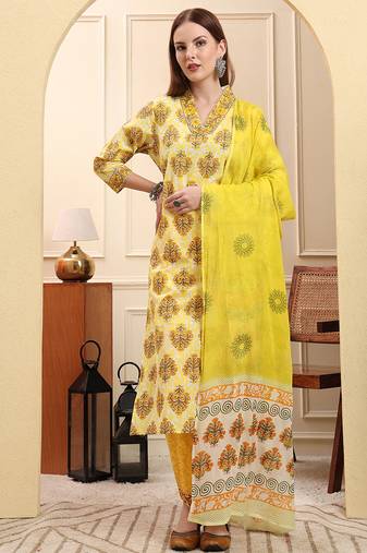 Yufta yellow ethnic motifs sequins work straight kurta trouser dupatta set