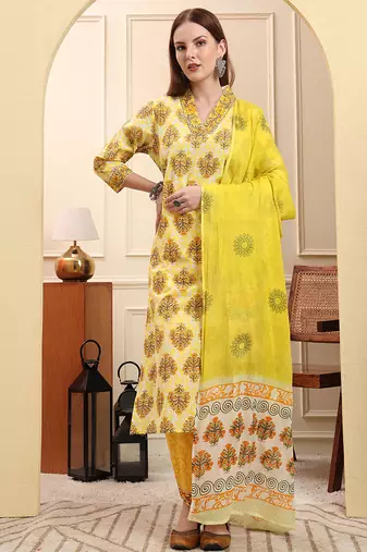 Yufta yellow ethnic motifs sequins work straight kurta trouser dupatta set