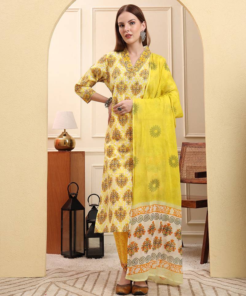 Yufta yellow ethnic motifs sequins work straight kurta trouser dupatta set