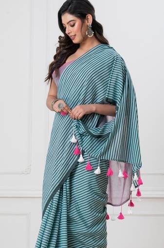 Sky blue colorblocked mul cotton with stripes and tassels saree