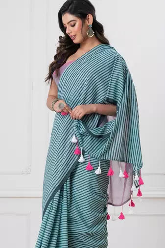 Sky blue colorblocked mul cotton with stripes and tassels saree