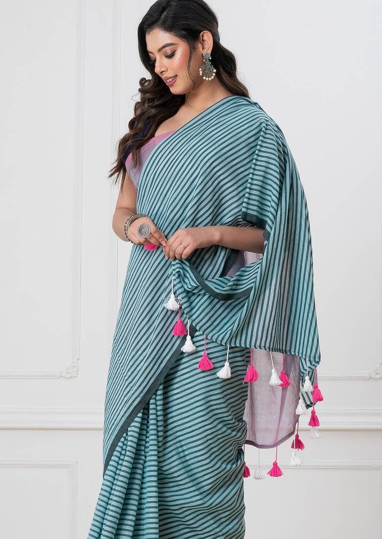 Sky blue colorblocked mul cotton with stripes and tassels saree