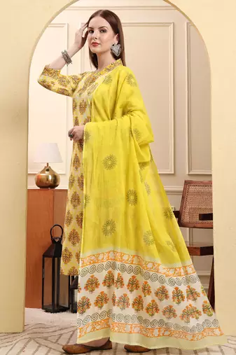 yellow ethnic motifs sequins work straight kurta trouser dupatta set