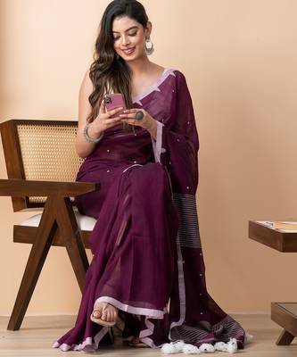 Purple handloom pure cotton all over jamdani buta and big tassels saree 1