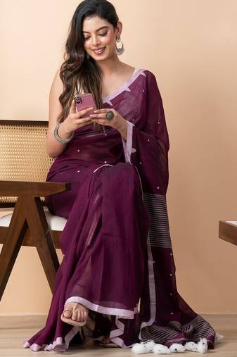 Purple handloom pure cotton all over jamdani buta and big tassels saree