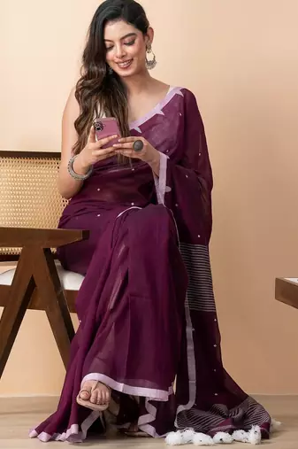 Purple handloom pure cotton all over jamdani buta and big tassels saree