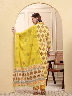 yellow ethnic motifs sequins work straight kurta trouser dupatta set 3